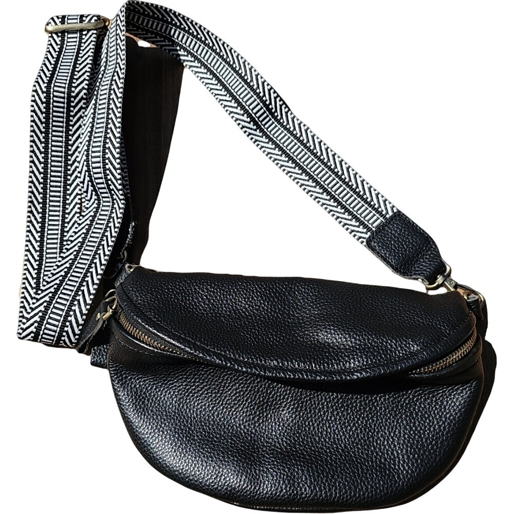 Black Faux Leather Textured Crossbody Bag Pouch Guitar strap Black and White